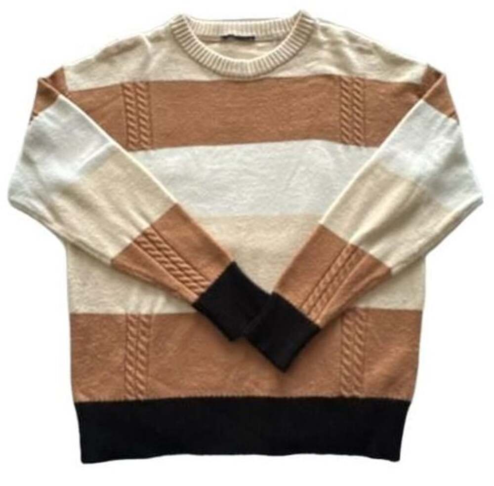 T Tahari Stripe Crewneck Pullover Sweater Size S Beige Black Multi